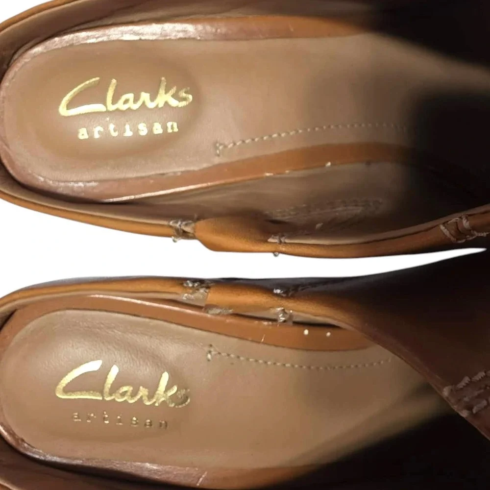 Clarks Artisan Womens 7 Tan Leather Wedge Mules Almond Toe Shoes